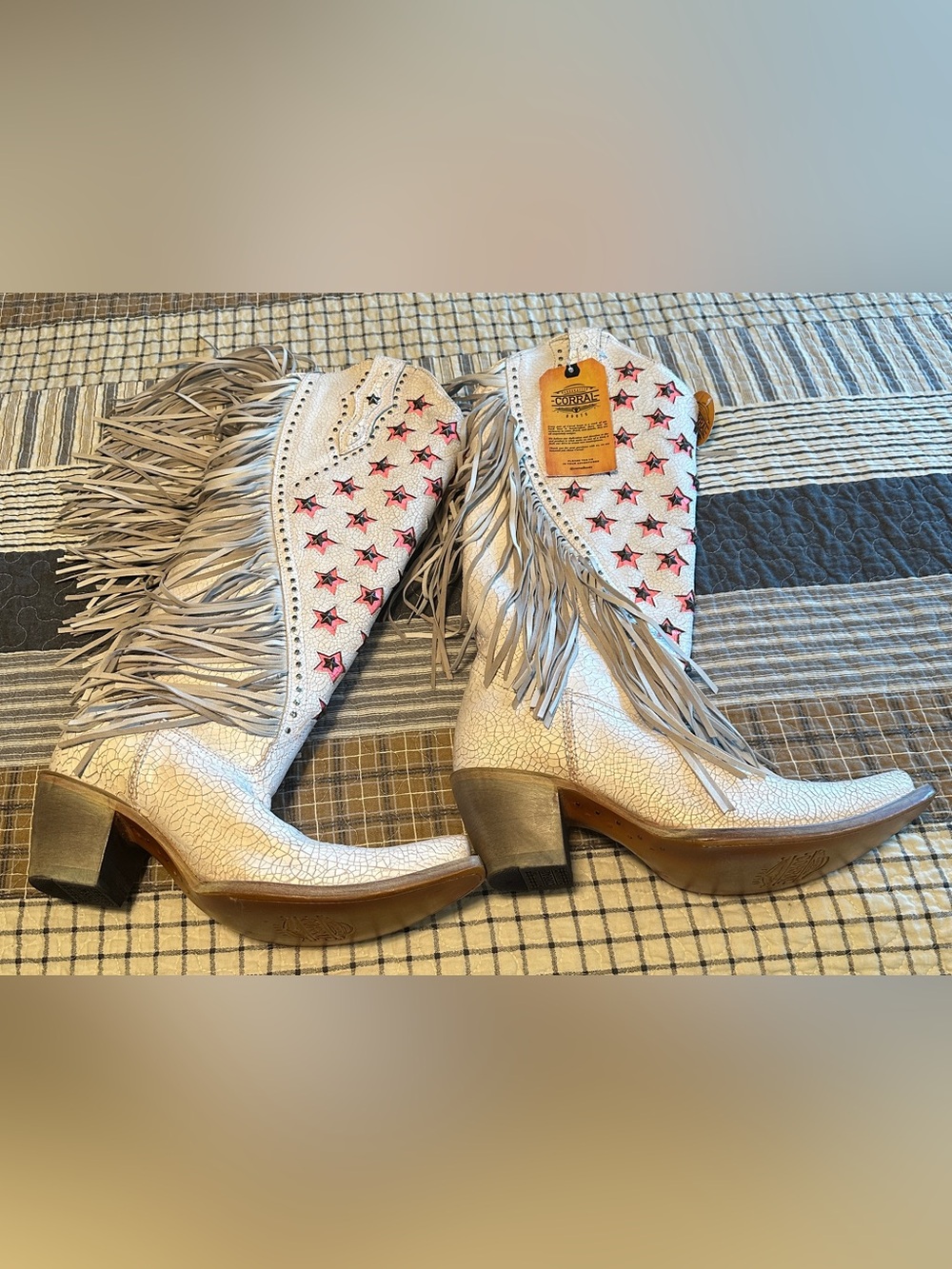 Fringed Western Heeled Boots in White with Pink Star Accents